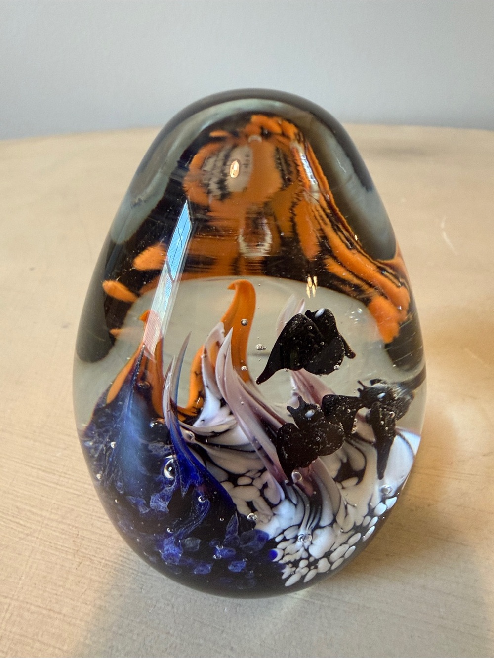 Handcrafted Glass Art Paperweight with Black Bats Orange and Blue Accents EUC - Picture 4 of 8